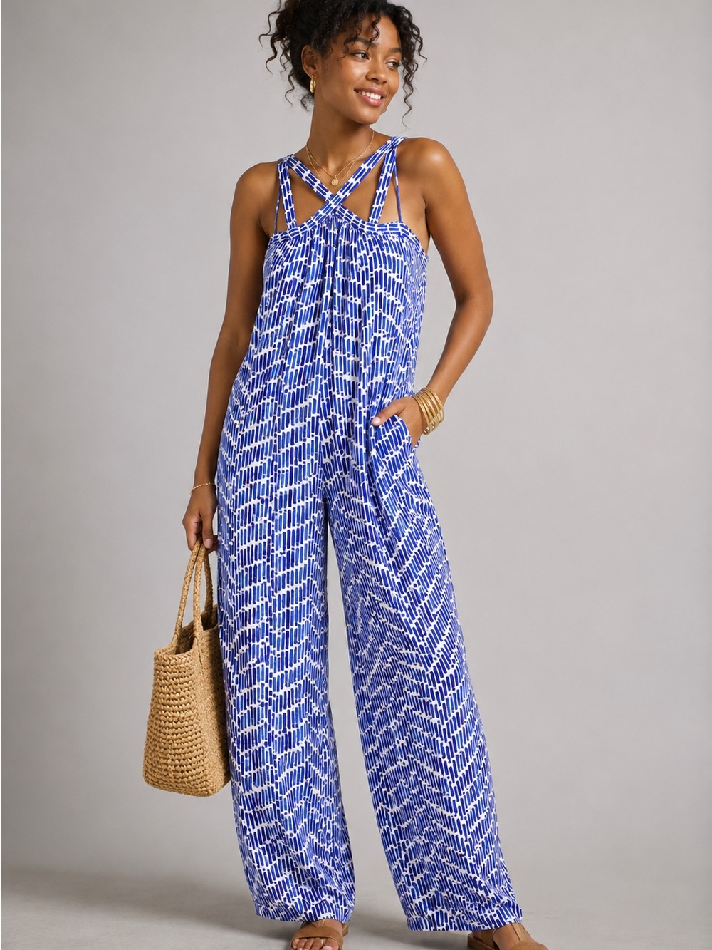 Vernacular Blue White Printed Wide Leg Jumpsuit Cross Back Sleeveless Resort